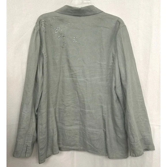 J. Jill Sage Green 100% Linen Embroidered Button Up Jacket Womens XL Lagenlook - Picture 3 of 12
